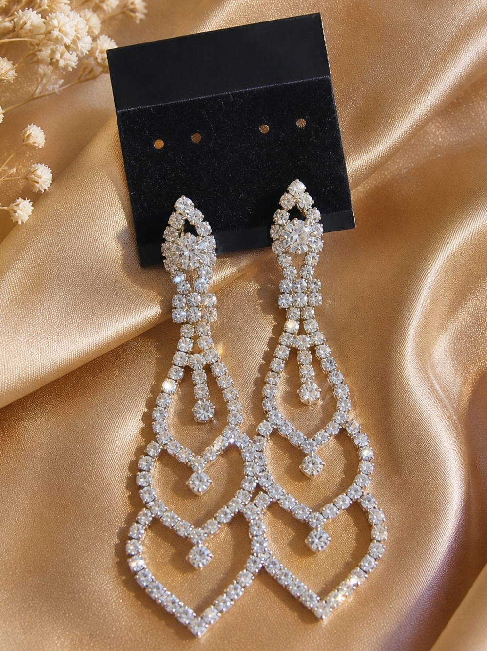 Vintage Rhinestone Chandelier Earrings Glam Bridal Statement Silver Sparkle
